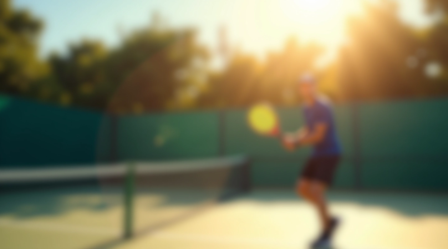 ملعب تنس احترافي مع لاعب يأخذ وضعية الضربة الأمامية تحت الشمس